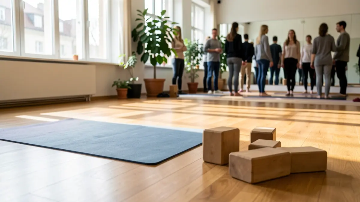 Generieke afbeelding van een rustige yogastudio met veel natuurlijk licht.