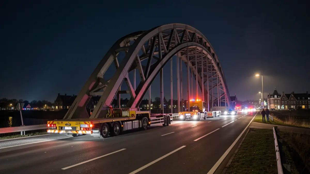 Een grote stalen boogbrug wordt 's nachts over de E40 vervoerd, met zichtbare omleidingsroutes en een kijkzone voor buurtbewoners.