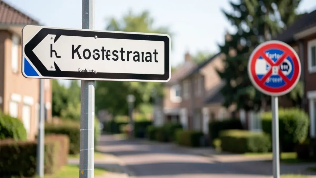 Traffic sign indicating one-way traffic on Kloosterstraat in Bonheiden, with a residential street and a traffic sign for Korte Dreef in the background.