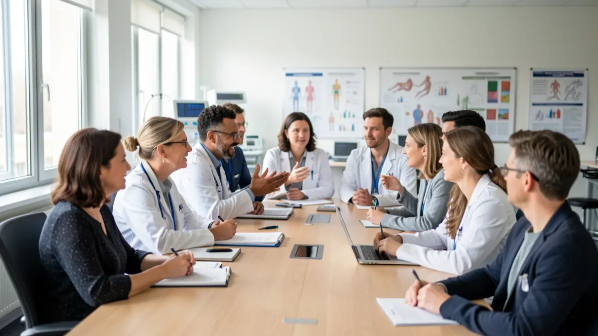 Generic image of a group of patients, doctors, and researchers collaborating in a hospital setting.