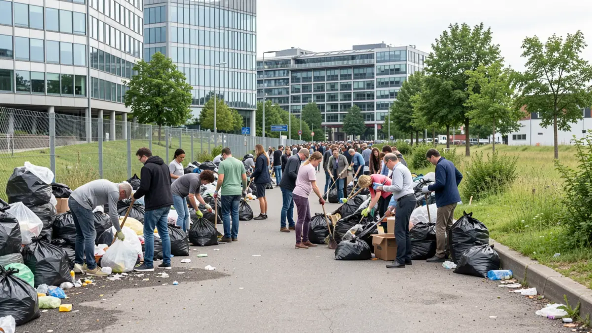 Employees from various companies cleaning up litter on a business park in West-Vlaanderen.