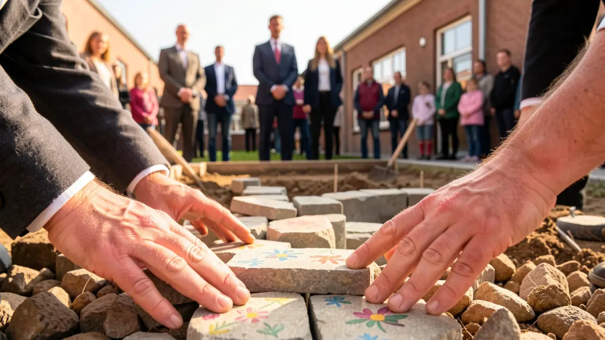 Symbolische eerste steenlegging voor de nieuwe school GBS De Plataan in Merchtem.