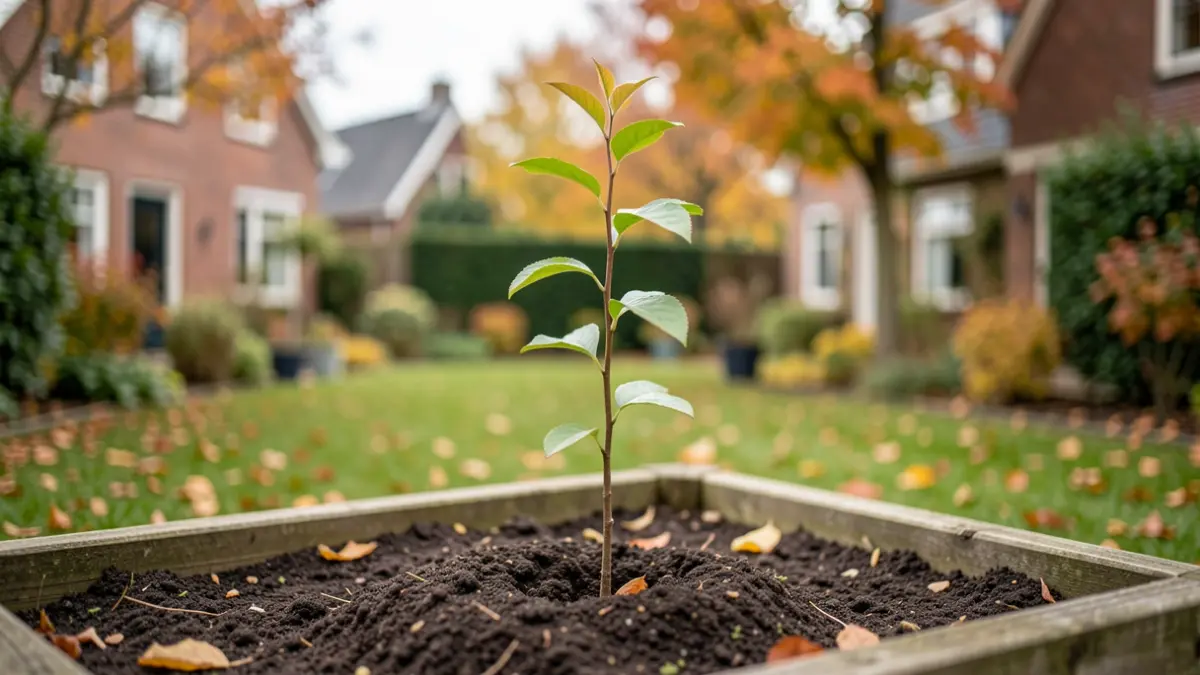 A young tree in a garden in autumn.