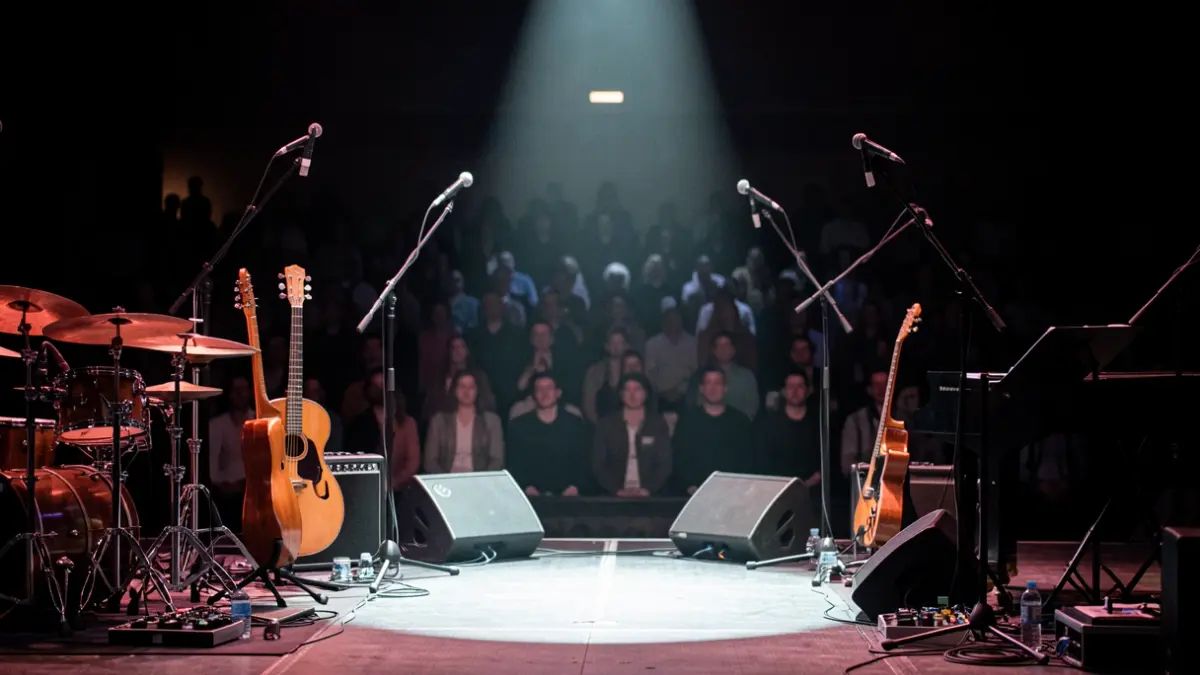 Generieke afbeelding van een podium met muziekinstrumenten en microfoons, met een vage menigte op de achtergrond.