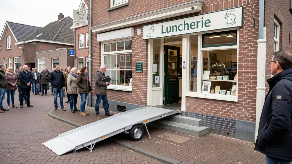 Mobiele oprijplaat ingereden aan traiteurzaak Luncherie in Ertvelde.