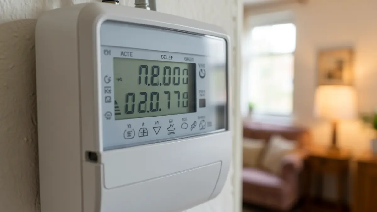 Digital electricity meter display with numbers and symbols, with a blurred residential interior in the background.
