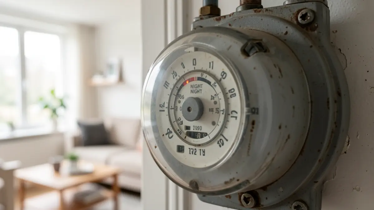 Detailed photo of an old electricity meter indicating night usage, with a blurred modern living room in the background.