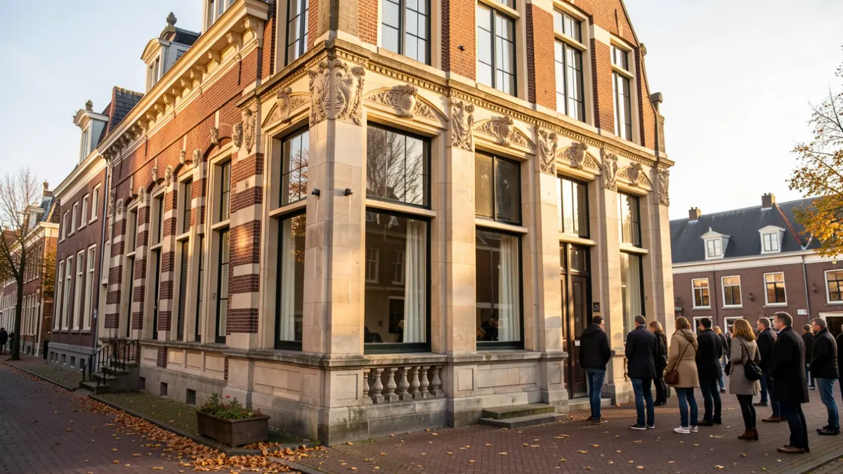 Een historische gevel van een Vlaams provinciehuis met sierlijke steenhouwwerken en grote ramen, in warm middaglicht.