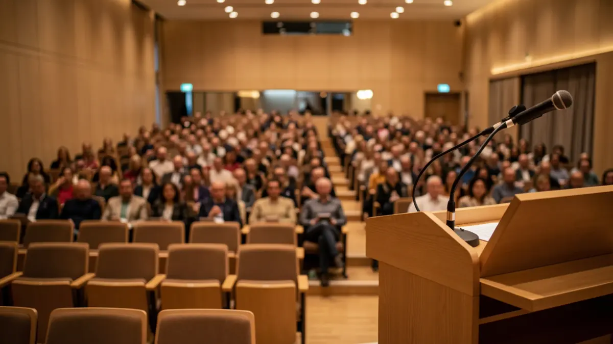 Generic image of an empty lecture hall in Flanders with a podium and seats.