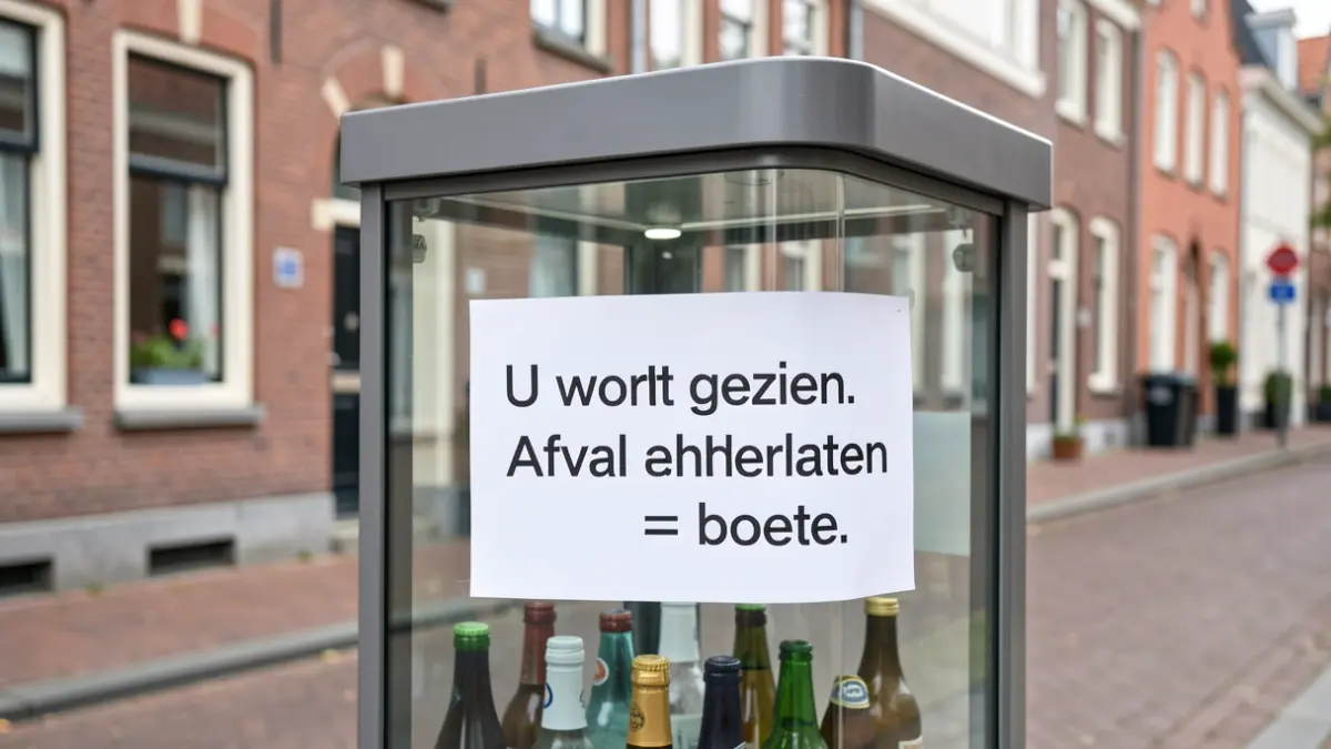 Nieuwe ondergrondse glascontainer met waarschuwingsbord in een Vlaamse straat.