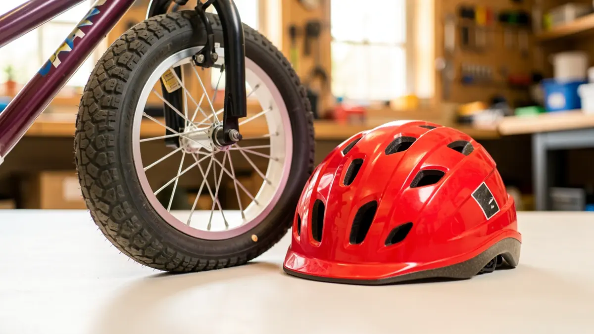 A child's bicycle with a red helmet next to it, in a workshop setting.