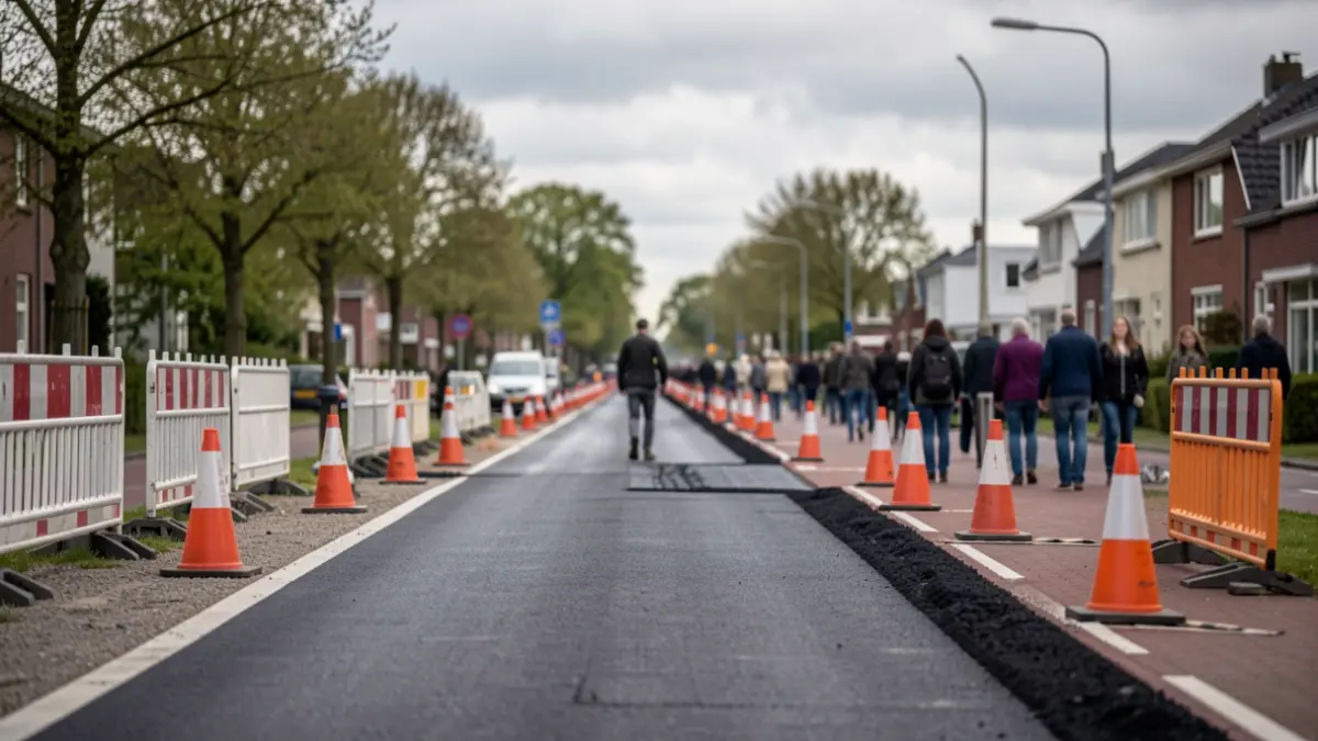 Wegenwerken op een fietspad in Vlaanderen met oranje verkeerskegels en -barrières. Het pad wordt gefreesd en geasfalteerd. Op de achtergrond een wazige woonstraat en bomen onder een bewolkte hemel.