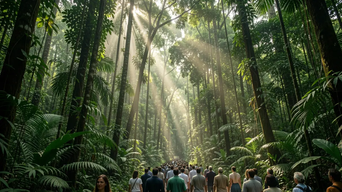 A film scene depicting the lush Amazon rainforest with sunlight filtering through the leaves.