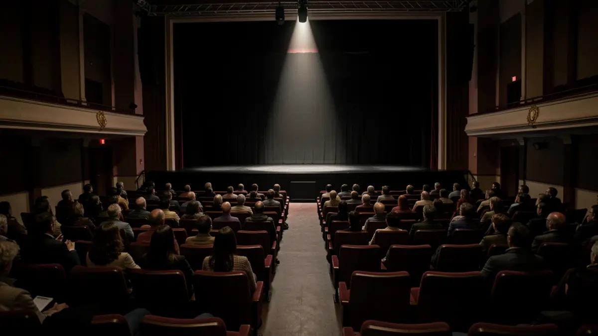 Een lege theaterzaal in Vlaanderen met een spotlight op het podium.