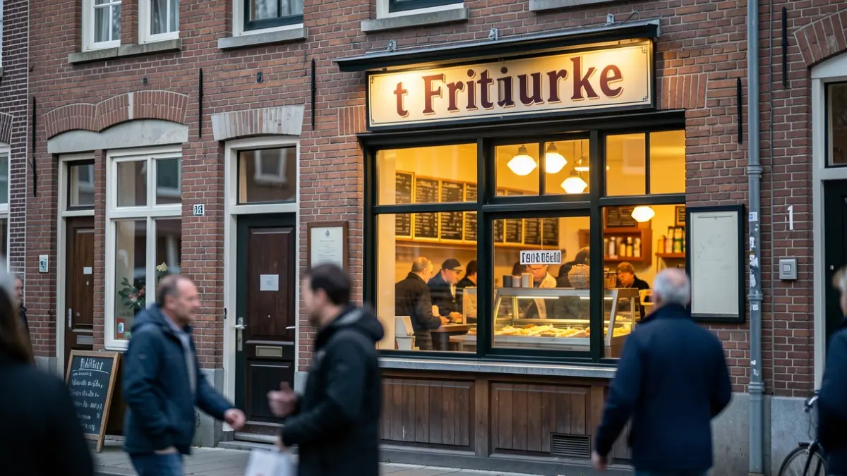 Buitenkant van een traditionele Belgische frituur met een warme, uitnodigende gloed van binnen. De gevel is van baksteen, met een prominent uithangbord 't Frituurke. Op de voorgrond zijn enkele wazige figuren zichtbaar, wat suggereert dat het een levendige straatscène is. De sfeer is gezellig en authentiek.