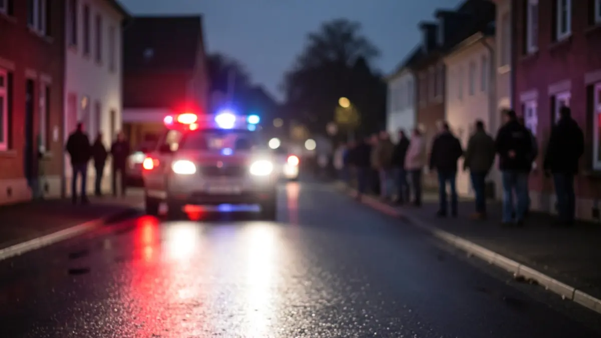 Generieke afbeelding van noodverlichting op nat asfalt in een Belgische stad, met vage gebouwen op de achtergrond.