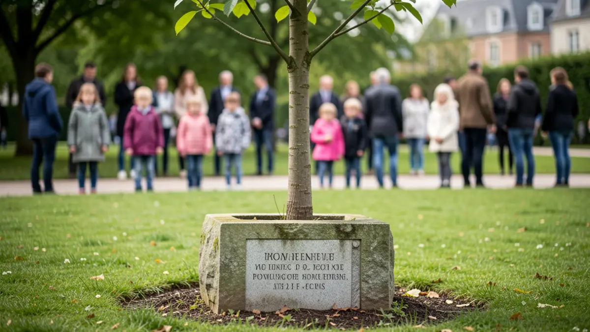 A memorial stone at a peace tree in a playground, with children in the background.