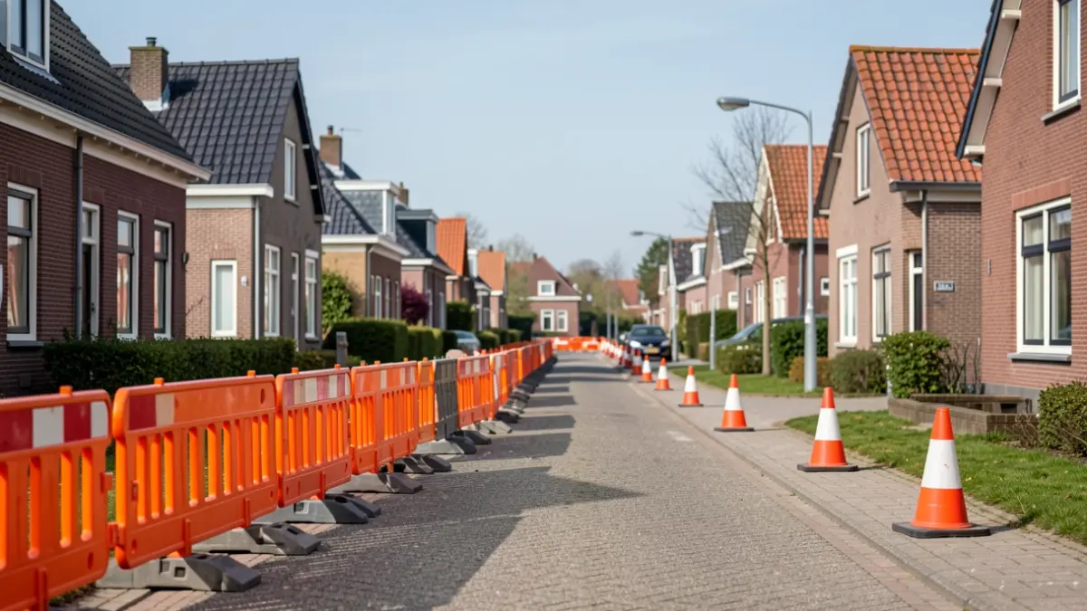 Roadworks in a Flemish street with orange barriers and traffic cones.
