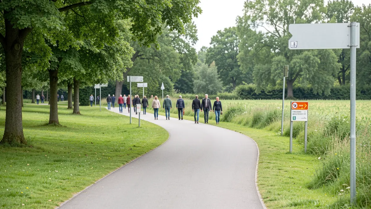 A paved walking path through a green park landscape in Flanders with signage.