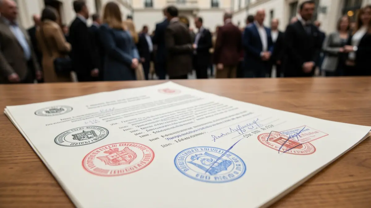 Close-up of an official document with seals and handwritten notes on a wooden desk.