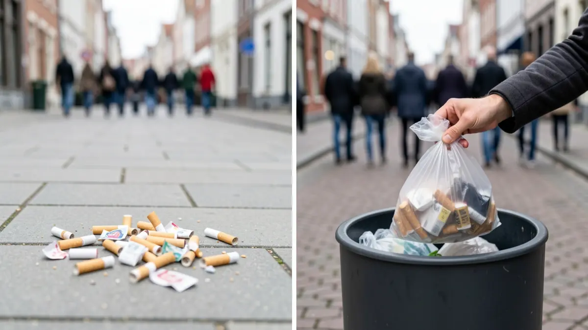 Gesplitste afbeelding: zwerfvuil op straat en een hand die afval deponeert in een vuilnisbak.