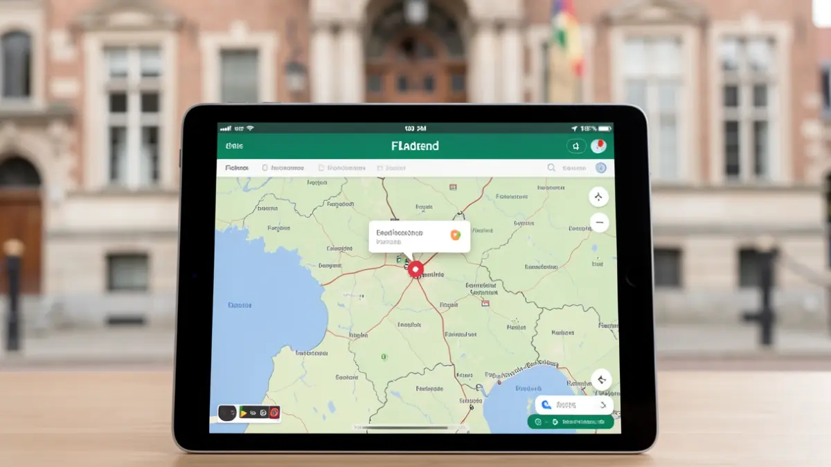 Een digitale waarschuwingssysteeminterface op een tablet, met een kaart van Vlaanderen en een notificatie-icoon. Op de achtergrond een vervaagde Vlaamse stadhuisgevel.