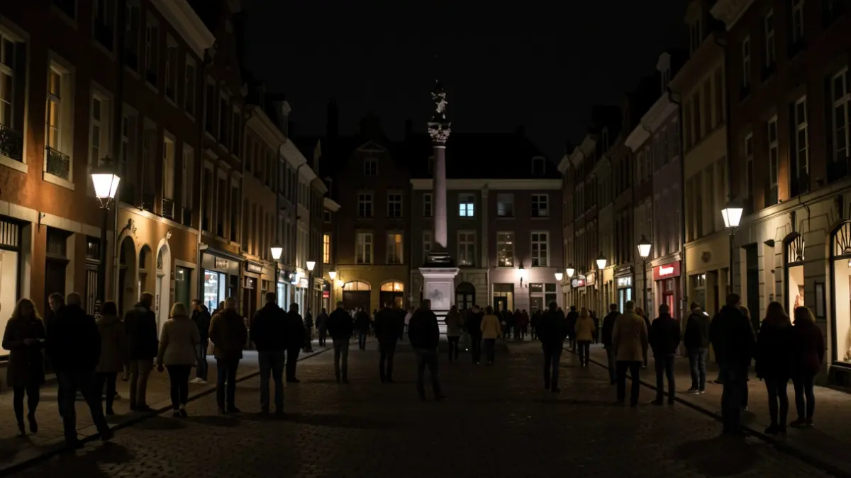 Dimmed streetlights and extinguished monument lighting in a Belgian town square at night.