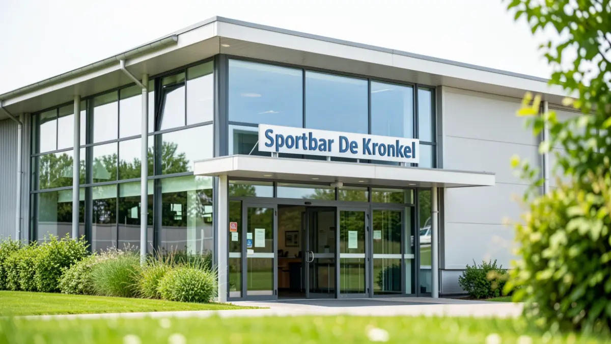 Modern sports hall with 'Sportbar De Kronkel' sign and green surroundings.