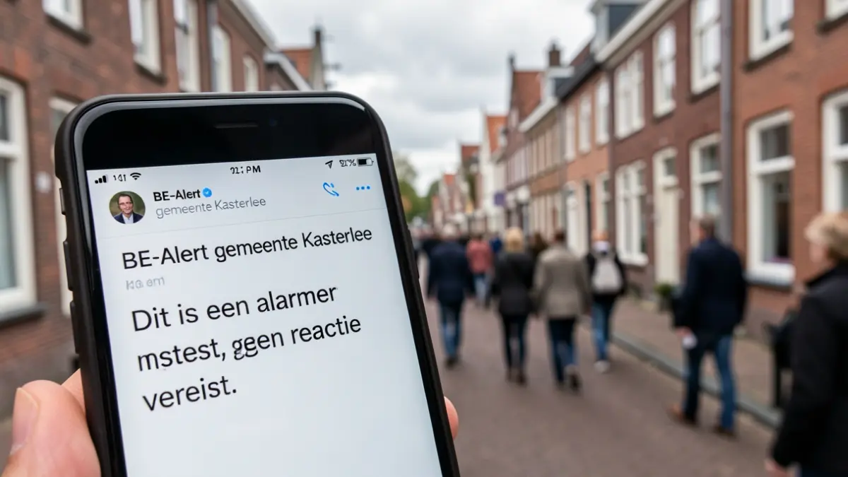 Smartphone screen showing a BE-Alert Kasterlee test message, with a typical Flemish street in the blurred background.