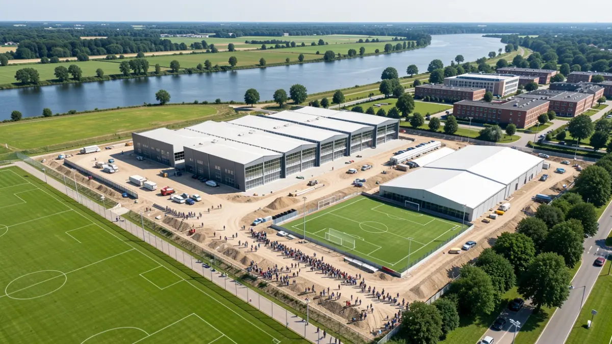Nieuw sportcomplex in aanbouw in Pelt, met meerdere sportzalen en een turnhal, gelegen tussen Dommelslag en de WICO-campus.