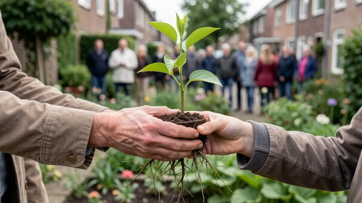 Een jonge groene boom met zichtbare wortels, vastgehouden door een volwassene en een kind, tegen een wazige achtergrond van een Vlaamse tuin. Zacht daglicht.