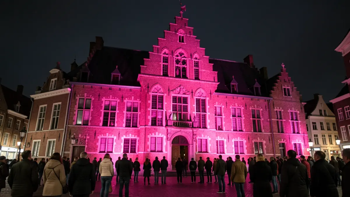 The Wuustwezel town hall bathed in pink light in support of International Breast Cancer Month.