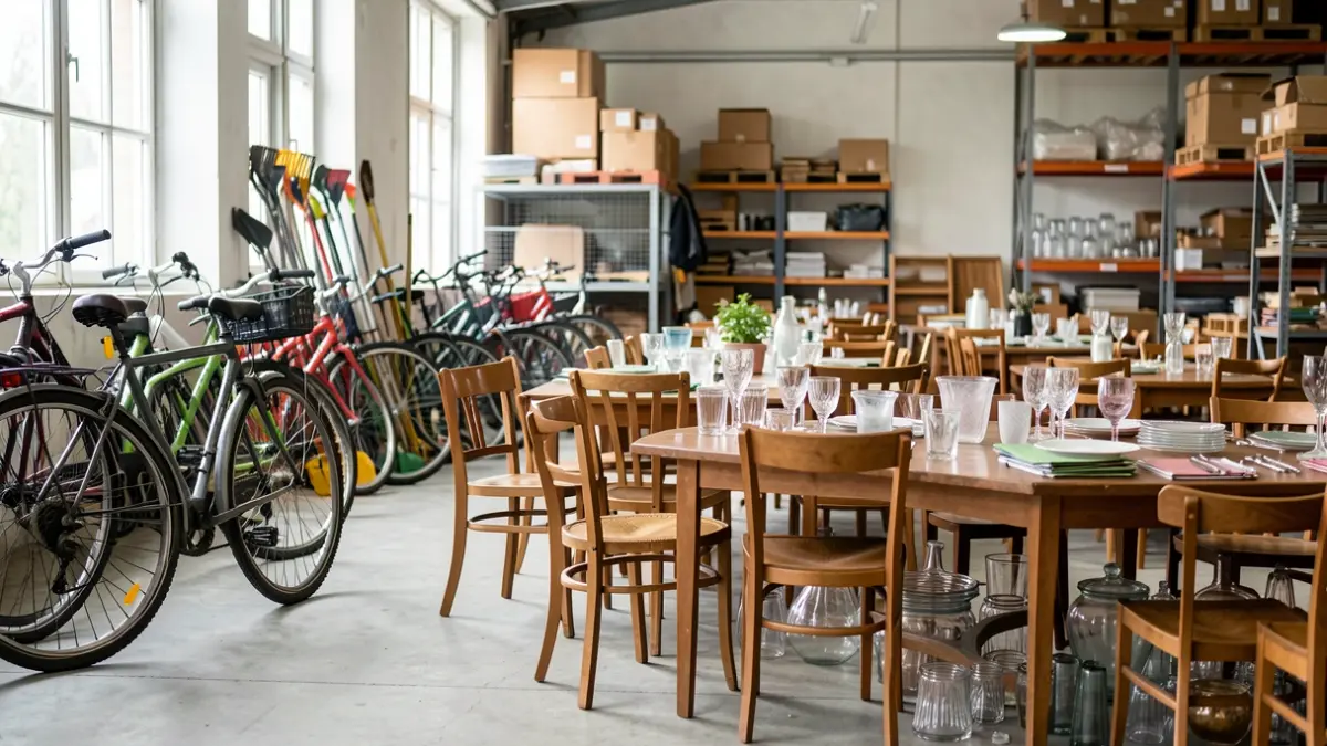 Diverse spullen te koop op gemeentelijke veiling, waaronder fietsen, gereedschap en servies.
