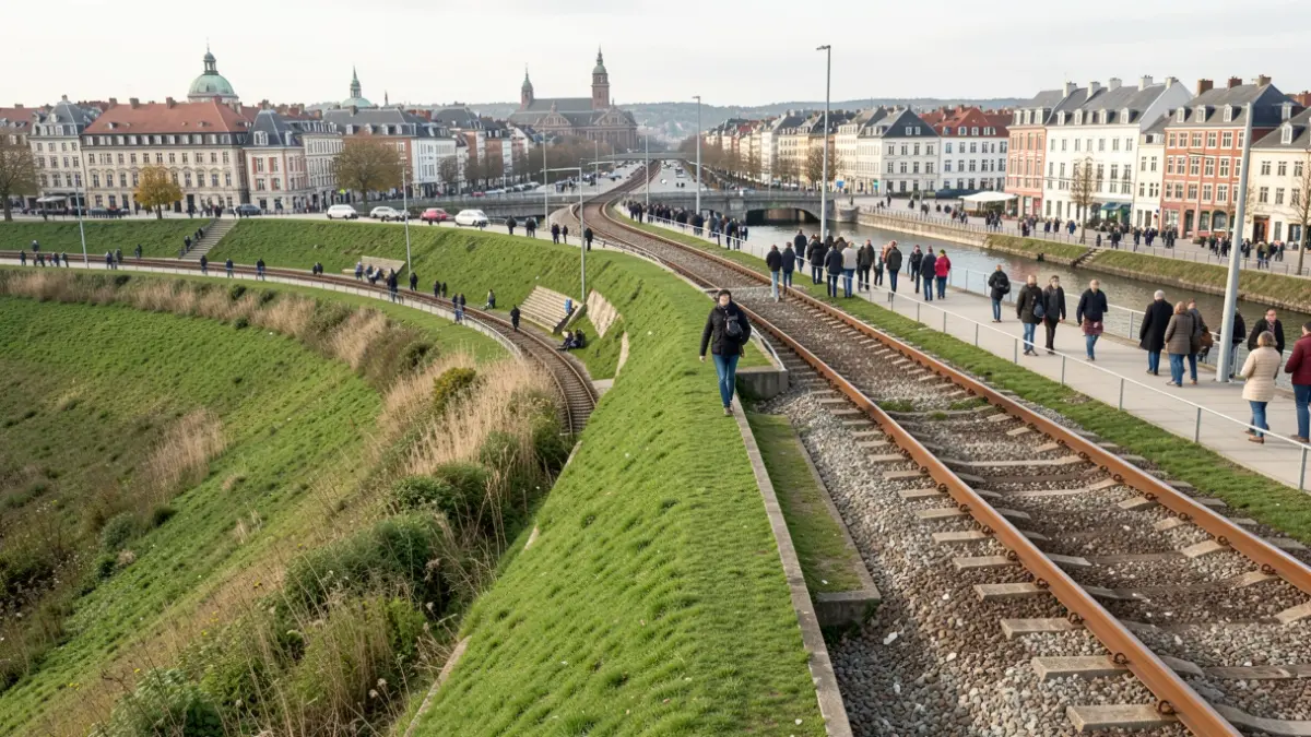 A pedestrian on the Groene Banaan, a raised railway embankment path, with the city of Gent in the background.