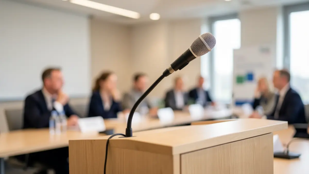 Generieke afbeelding van een microfoon op een spreekgestoelte in een vergaderzaal.