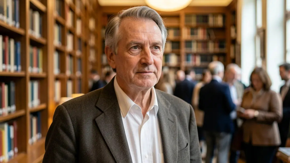 Generieke afbeelding van een professor in een bibliotheek met boekenrekken.