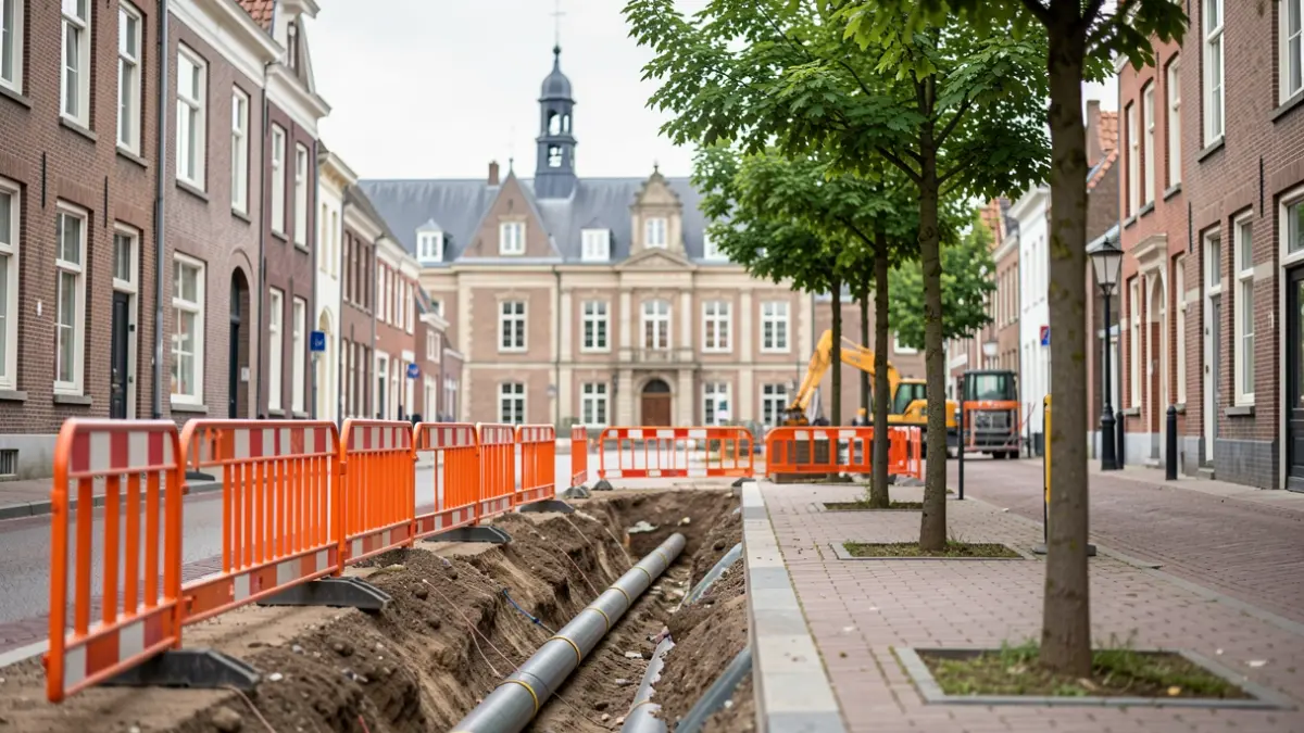 Werken in een Vlaamse straat met bouwmateriaal en een stadhuis op de achtergrond.