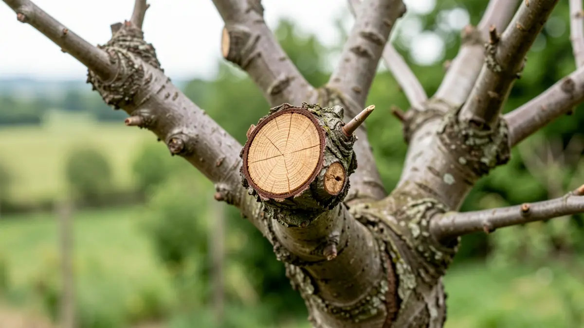 Detailed photo of a pruned tree branch with a fresh cut, against a blurred background of green foliage and a Flemish landscape.