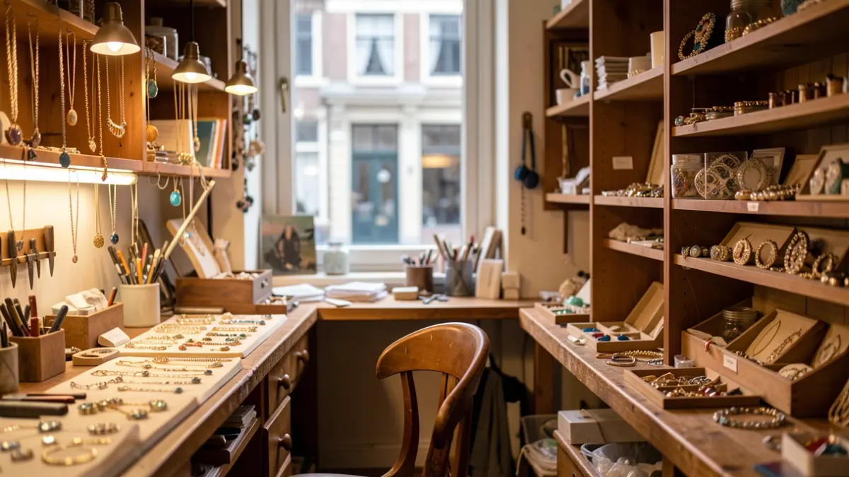 Interior of a cozy jewelry workshop in Flanders with various jewelry pieces and tools.