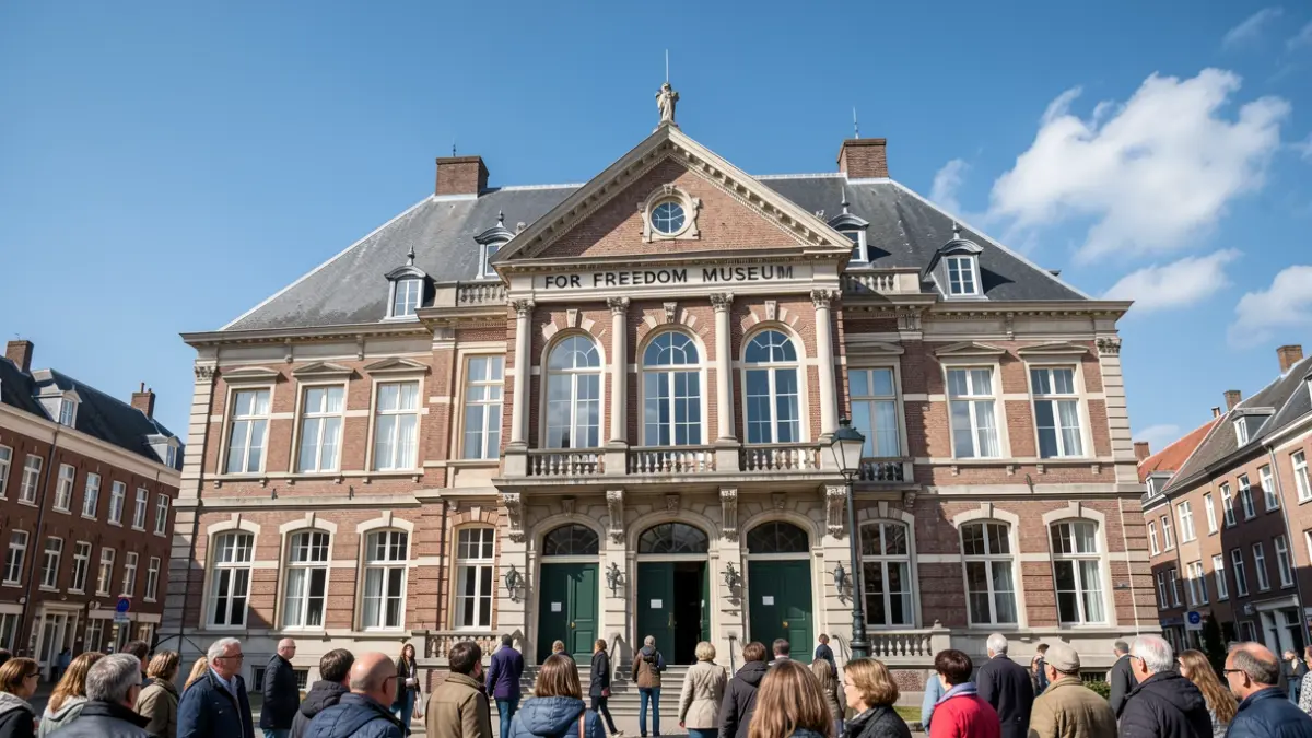 Het For Freedom Museum in Ramskapelle, België, met een heldere blauwe hemel.