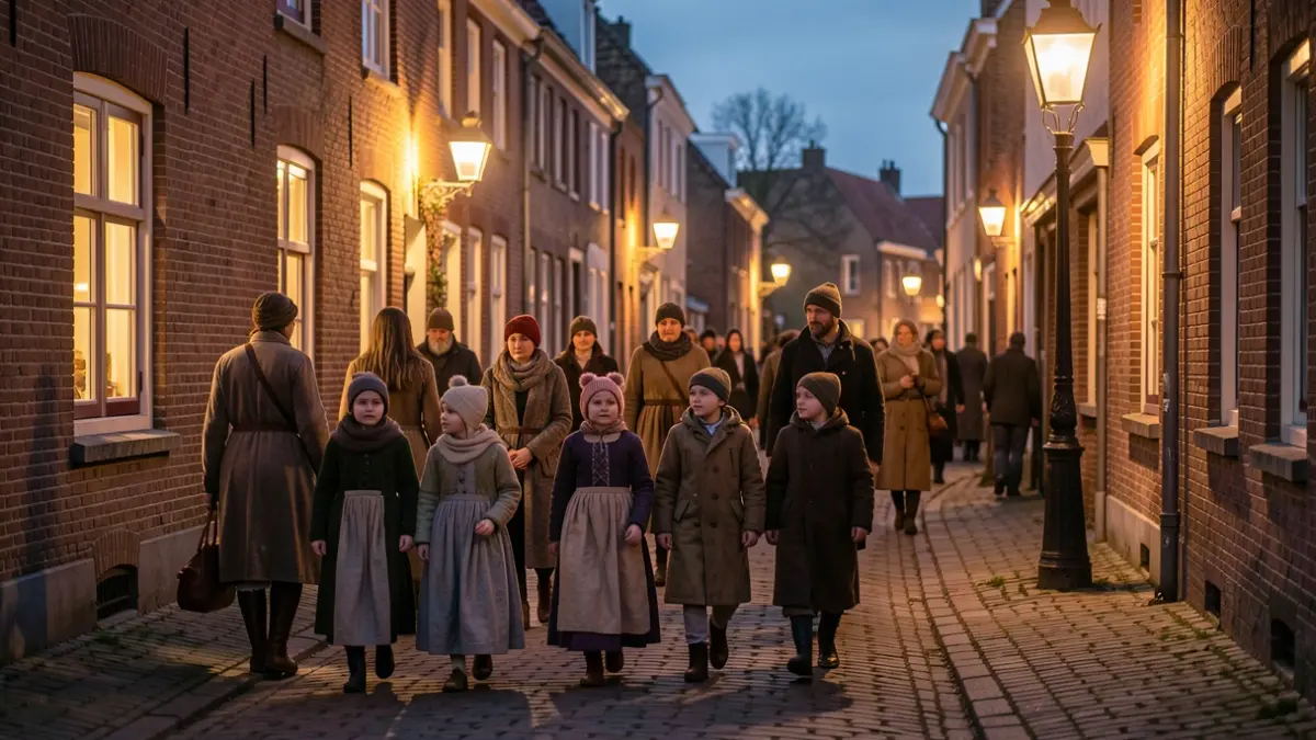 Children and adults in costume walk along illuminated houses in Steenokkerzeel during an evening walk.