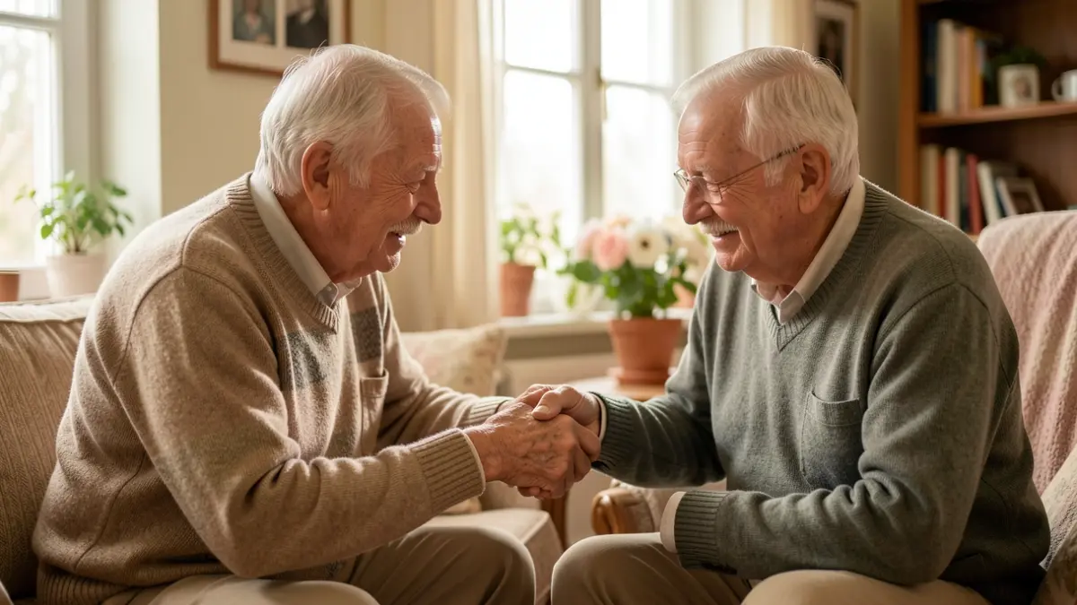 A warm and touching scene of two brothers reuniting after years, depicting themes of care and connection.
