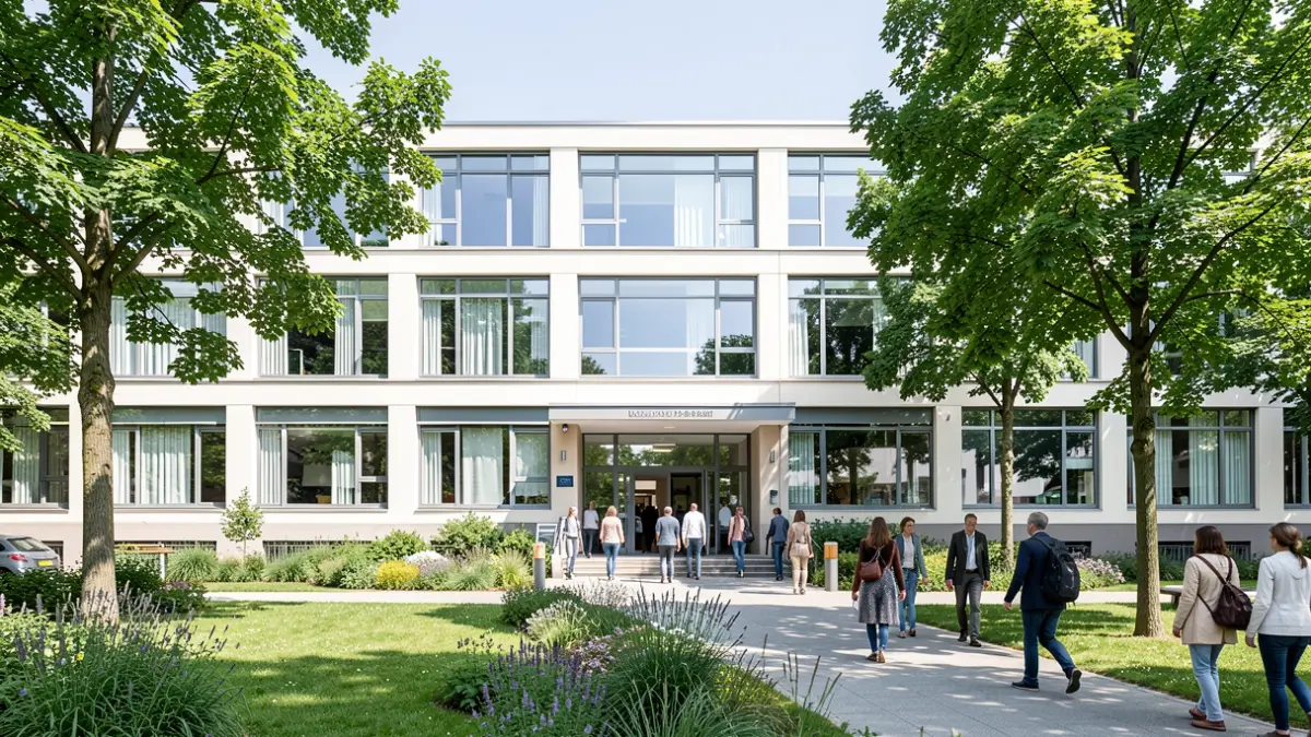 Modern community building with large windows and a green environment.