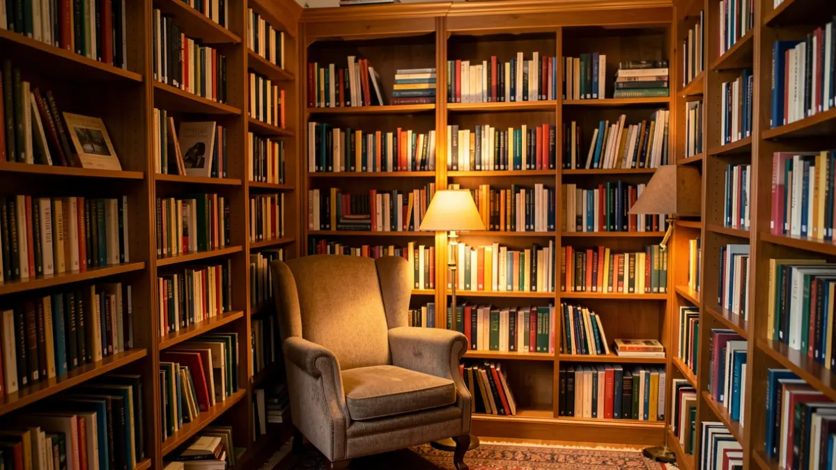 Generieke afbeelding van een bibliotheekzaal met boekenrekken en een comfortabele stoel.