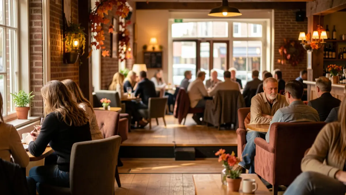 Interieur van een gezellige brasserie in Vlaanderen, ingericht voor een lezing met een sfeervolle podiumopstelling en zachte belichting.