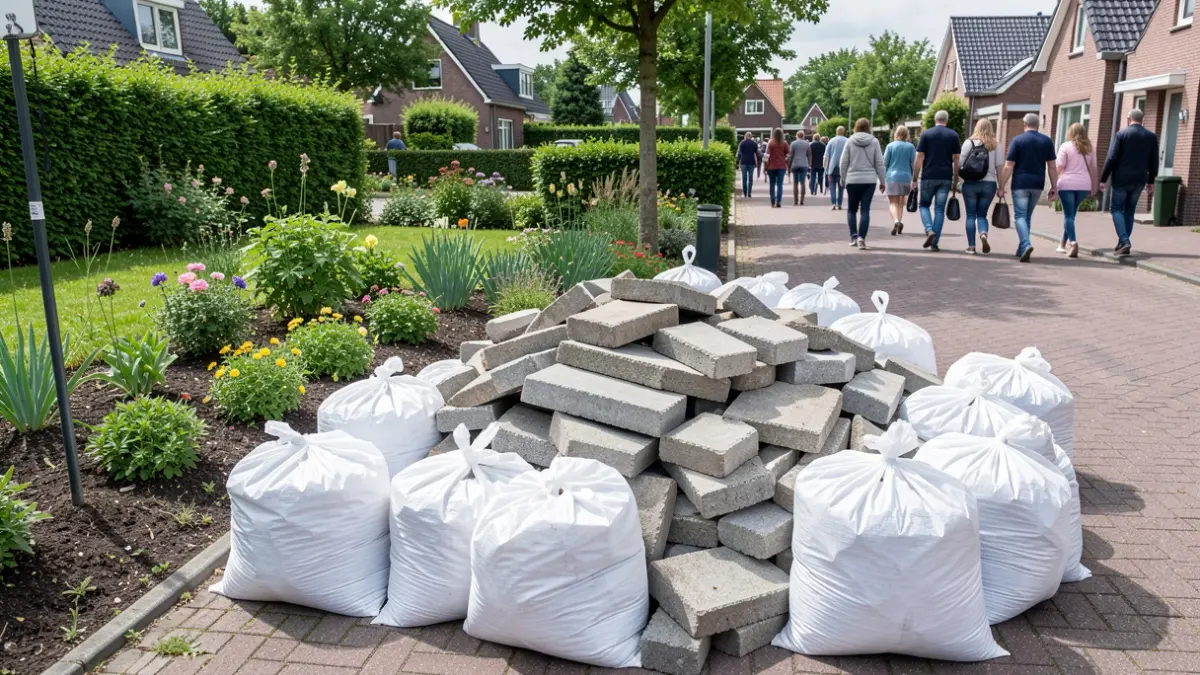 Large white bags filled with broken tiles and concrete next to a garden with new plants in Flanders.