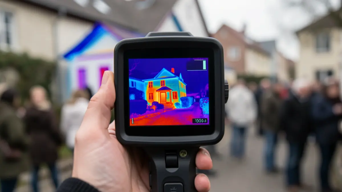 Close-up of a thermal imaging camera display showing heat loss in blue and purple tones on a house facade, with a blurred hand holding the camera in the foreground.