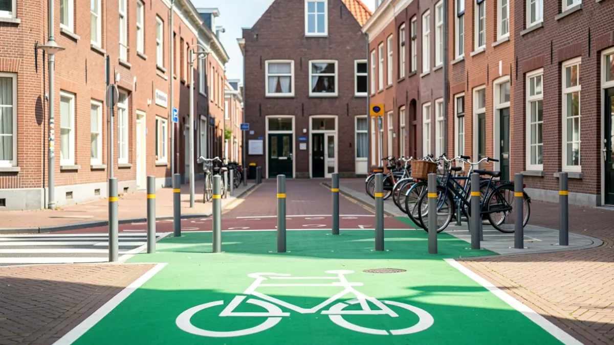 Green zone at the school entrance De Wijze Eik in Mariakerke with a wider pedestrian crossing and bicycle parking.