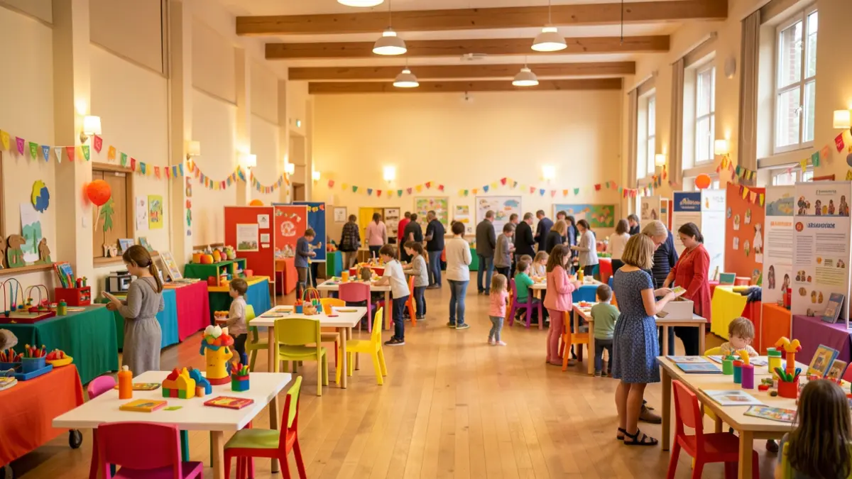 Feestelijke kinderactiviteiten in een gemeenschapscentrum met infostandjes en decoraties.