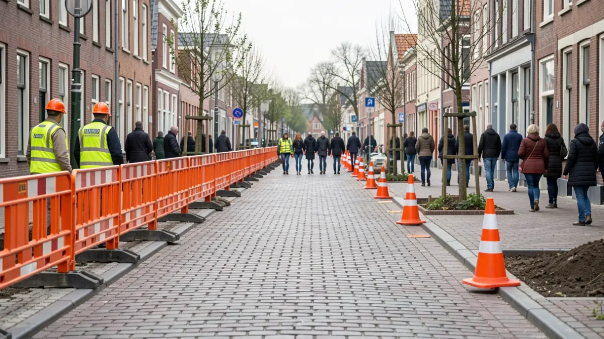 Werfzone met oranje barrières en kegels in Aalst, Vlaanderen. Nieuw aangeplante bomen en kasseien.